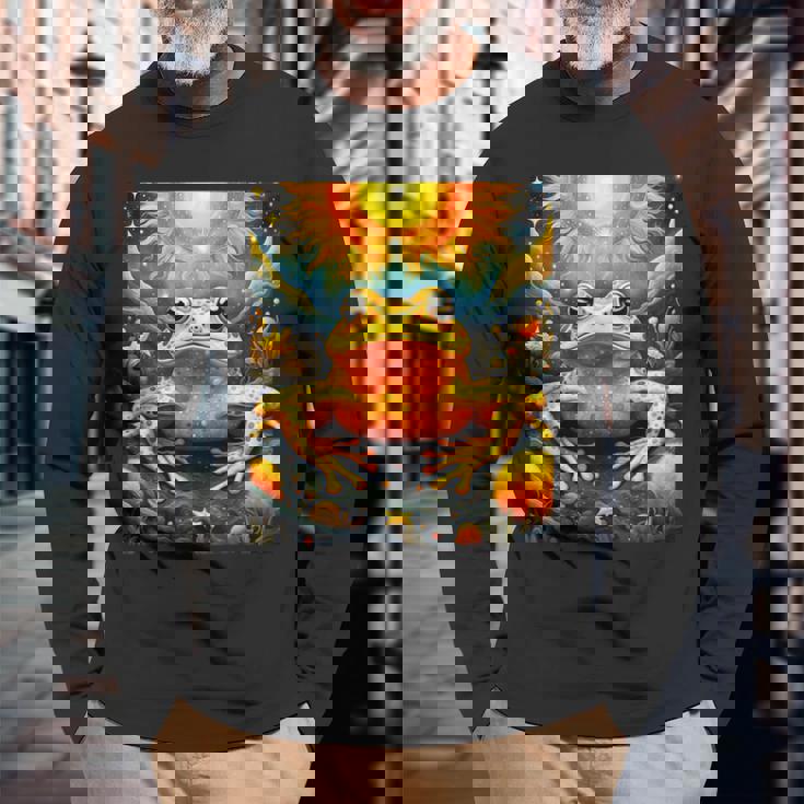 ファンタジー キュート イエロー カエルの太陽 長袖Tシャツ 高齢者への贈り物