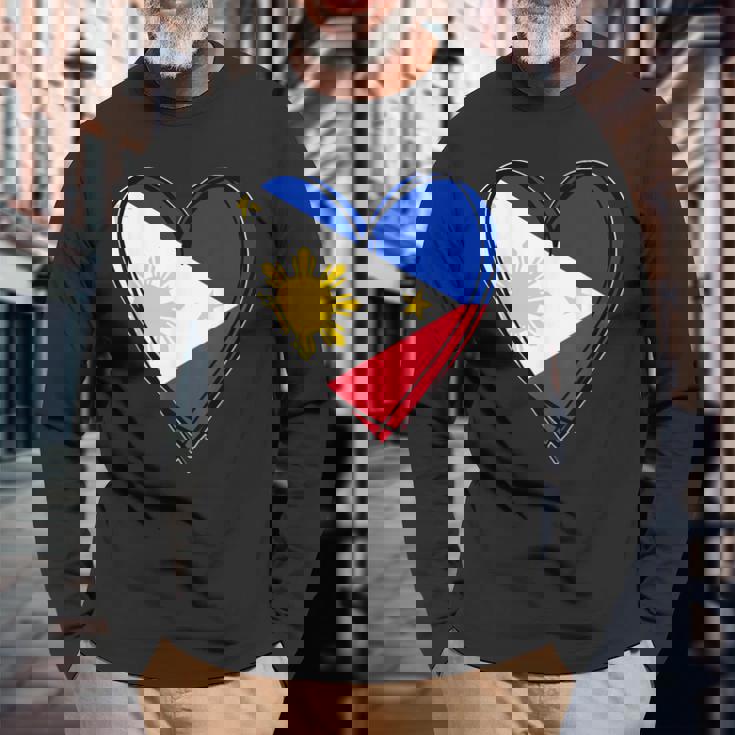 フィリピン独立記念日 I Love Philippines 国旗 ハート 長袖Tシャツ 高齢者への贈り物