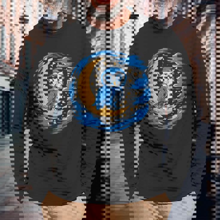 フクロウ 月 夜 星 長袖Tシャツ 高齢者への贈り物