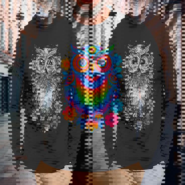 フクロウと花 カラフルなアートワーク フクロウの恋人 長袖Tシャツ 高齢者への贈り物