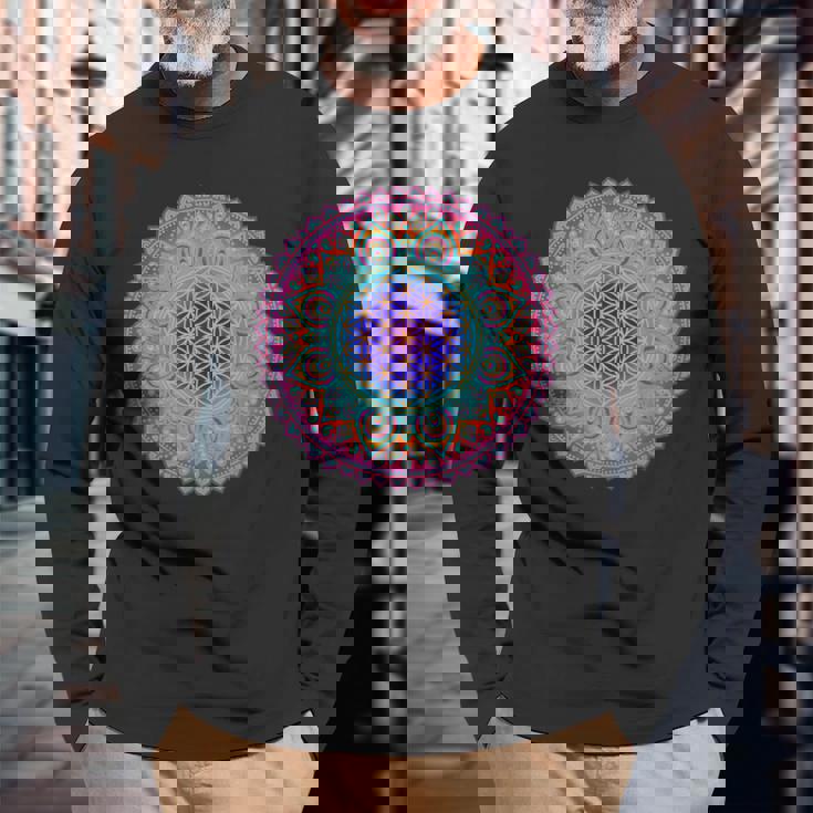 フラワー・オブ・ライフシンボル 民間伝承 マンダラ 5 ファン ファン ファン 長袖Tシャツ 高齢者への贈り物