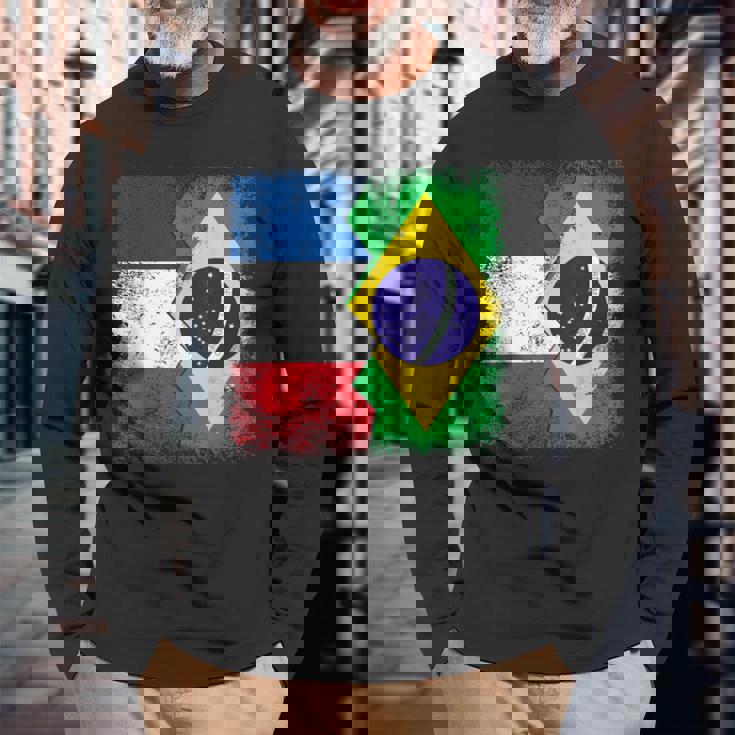 フランス ブラジルの旗 長袖Tシャツ 高齢者への贈り物