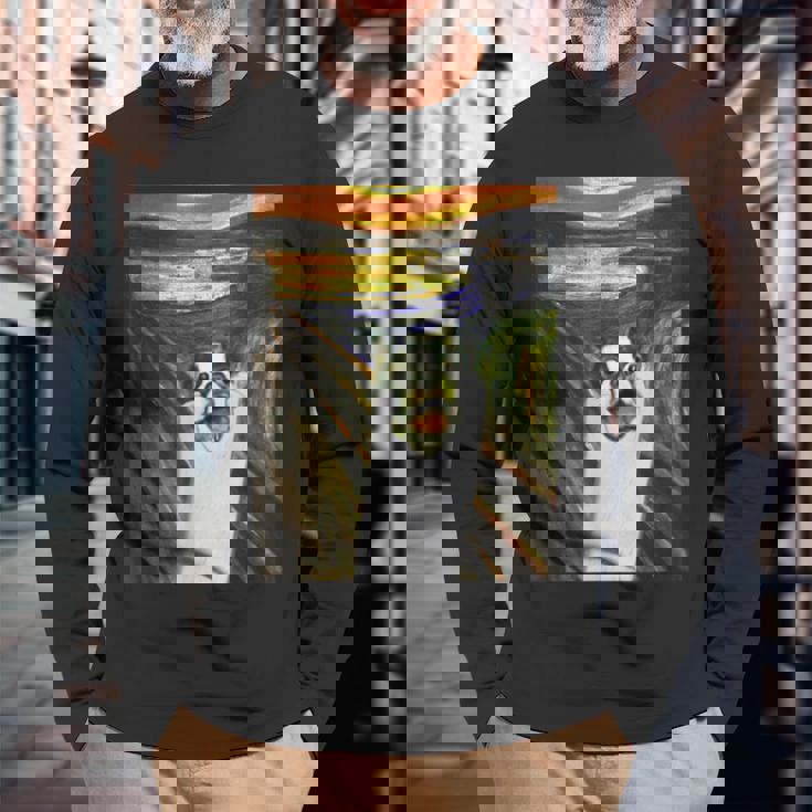 フレンチブルドッグ 面白いtシャツ 犬 ムンクの叫び かわいい メンズ 子供 おもしろ 服 ネタ わんこ 長袖Tシャツ 高齢者への贈り物