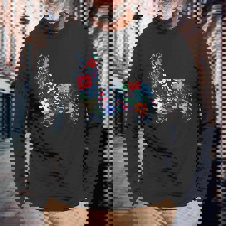 フローラルコーギーシルエット コーギー犬愛好家 長袖Tシャツ 高齢者への贈り物