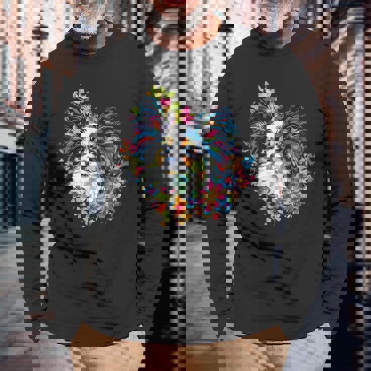 フローラル・ポップ・アート カラフルなパピヨン 長袖Tシャツ 高齢者への贈り物