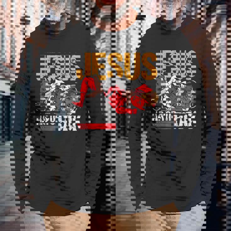 ブラジリアン柔術 ジーザス・ハズ・ユア・バック 面白いクリスチャンbjj 長袖Tシャツ 高齢者への贈り物