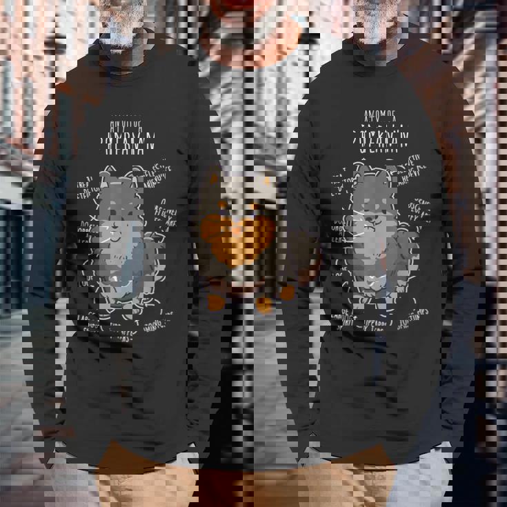 ブラック&タン ポメラニアン 犬の解剖学 面白い かわいい ペット ポンポン ママ 長袖Tシャツ 高齢者への贈り物