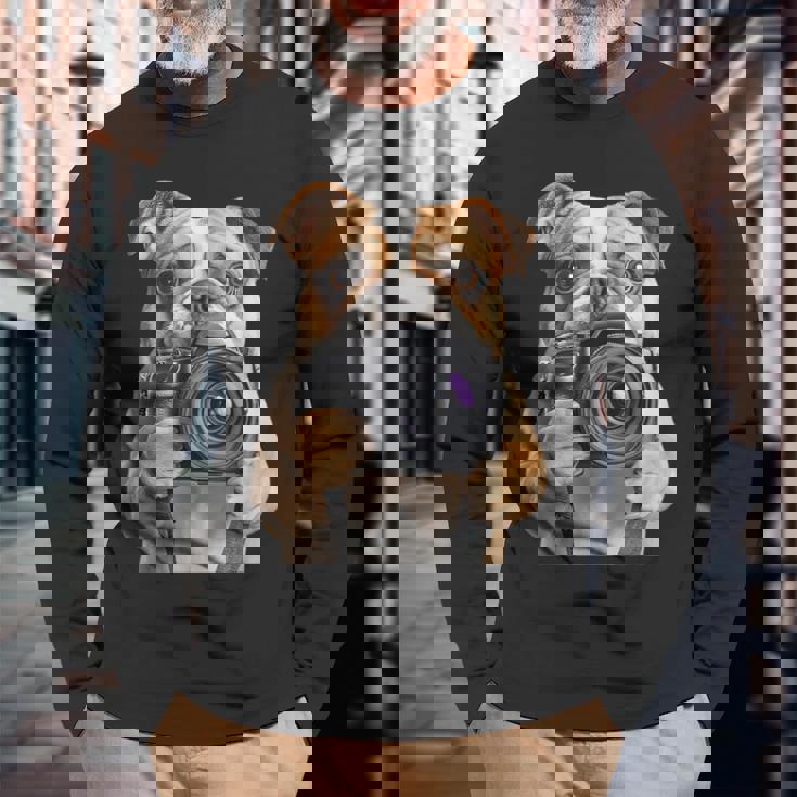 ブルドッグ 写真家 写真カメラ 長袖Tシャツ 高齢者への贈り物