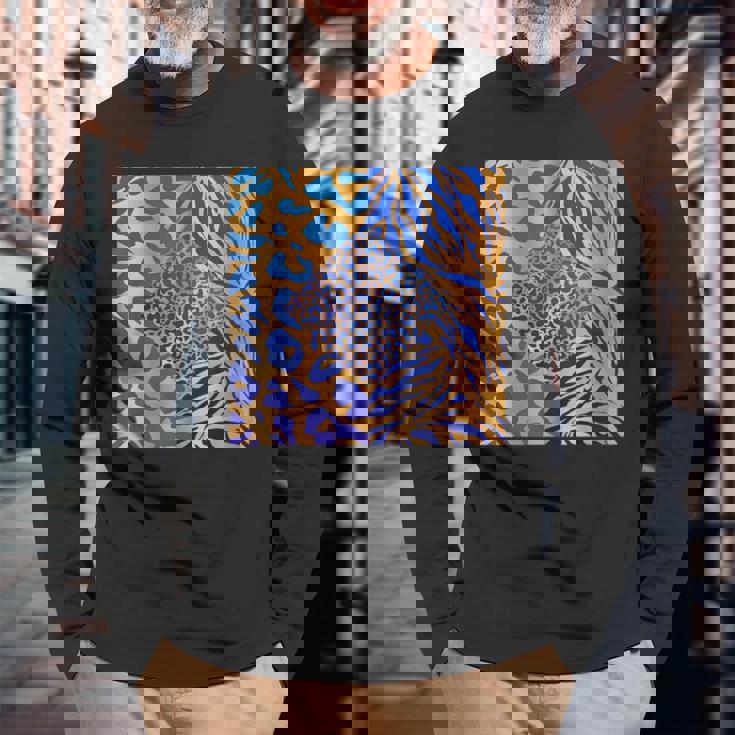 ブルースの直径のジャングルプリントゴールド。シマウマ、パンサー、チーター 長袖Tシャツ 高齢者への贈り物