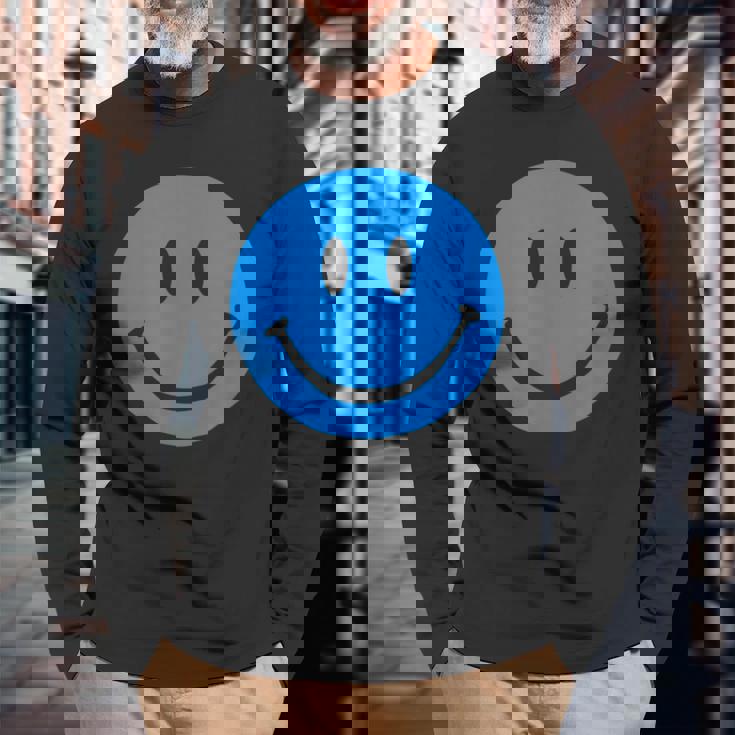 ブルースマイリーフェイス レトロブルーハッピーフェイス 長袖Tシャツ 高齢者への贈り物