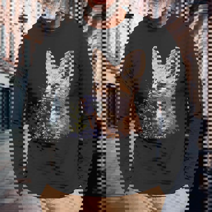 ブルーベリー フェネック キツネ ブルーベリー アニマルアート 野生動物 自然 長袖Tシャツ 高齢者への贈り物