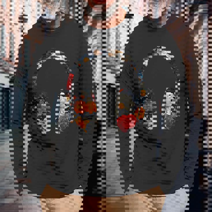 ヘッドフォンのシルエット 花柄 ボタニカル・フラワー 長袖Tシャツ 高齢者への贈り物