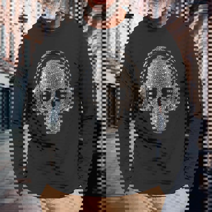 ヘッドフォン付きキラキラドクロ Dj音楽愛好家 長袖Tシャツ 高齢者への贈り物