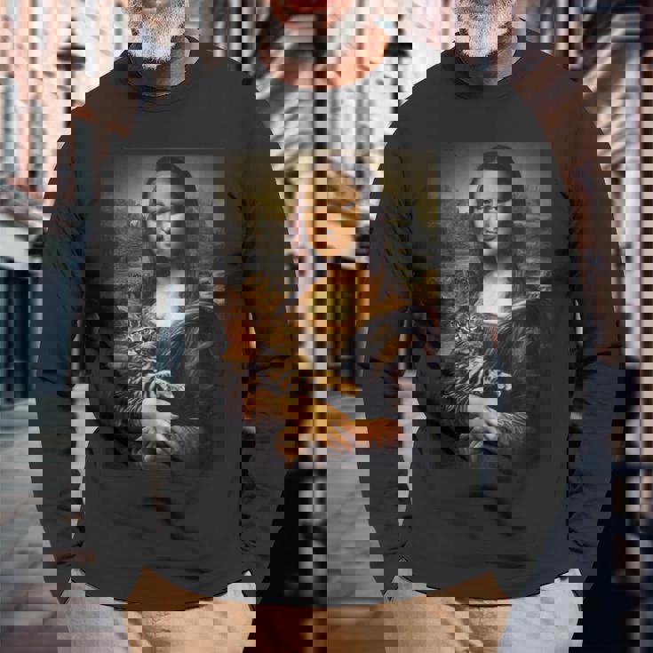 ベンガル猫 モナリザ 絵画 アート ママ お父さん 長袖Tシャツ 高齢者への贈り物