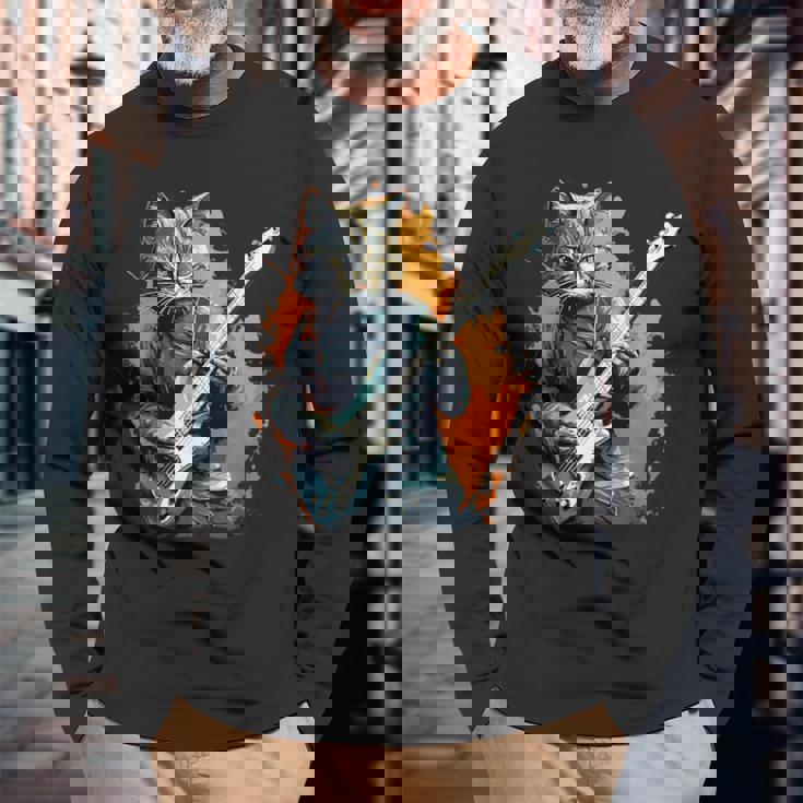 ベースギター 音楽 猫 ギターを弾く 長袖Tシャツ 高齢者への贈り物