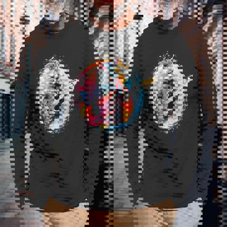 ベースギターを弾く猫水彩グラフィックデザイン 長袖Tシャツ 高齢者への贈り物