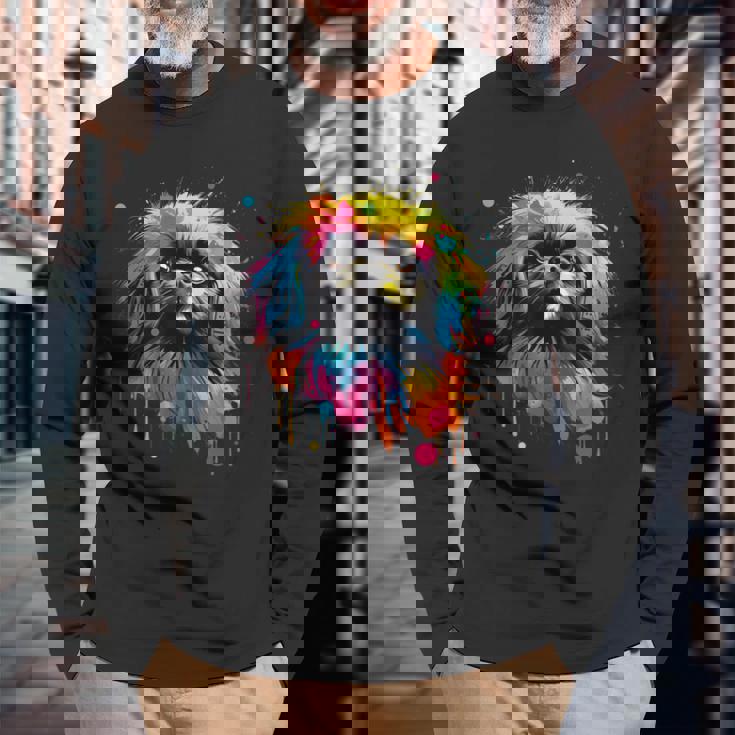 ペキニーズに描かれたペキニーズに描かれたかわいいペキニーズ犬 長袖Tシャツ 高齢者への贈り物