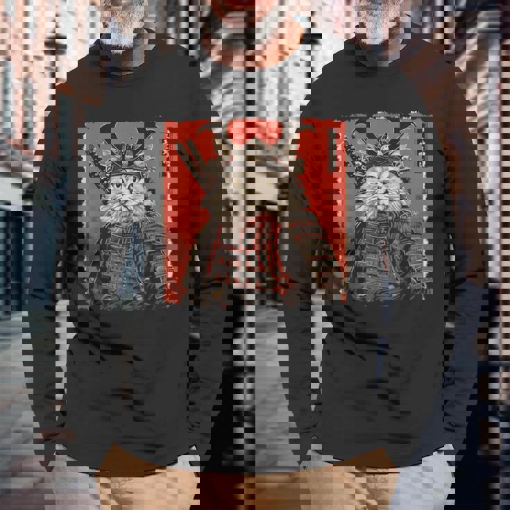 ペルシャ猫 日本美術 サムライ 浮世絵 ヴィンテージ 長袖Tシャツ 高齢者への贈り物