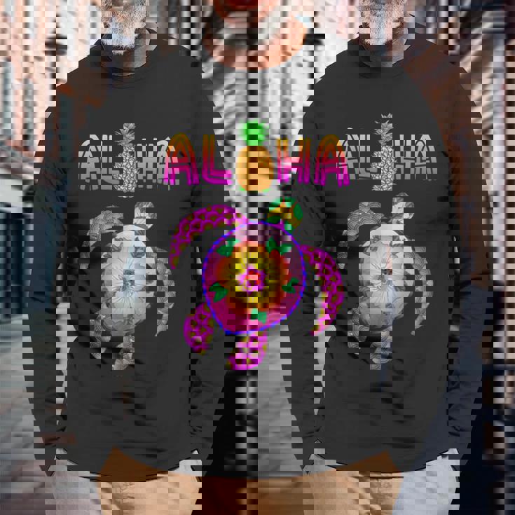 ホヌウミガメ アロハ ハワイ諸島 バケーション 長袖Tシャツ 高齢者への贈り物