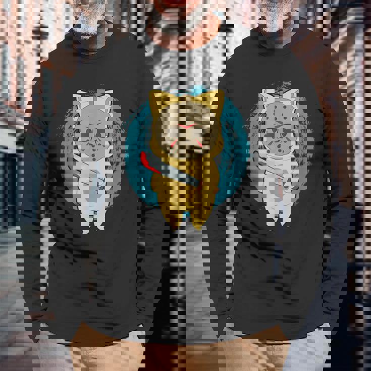 ホラー映画 ジェイソンキャット おもしろパロディ 映画 ハロウィンコスチューム 長袖Tシャツ 高齢者への贈り物