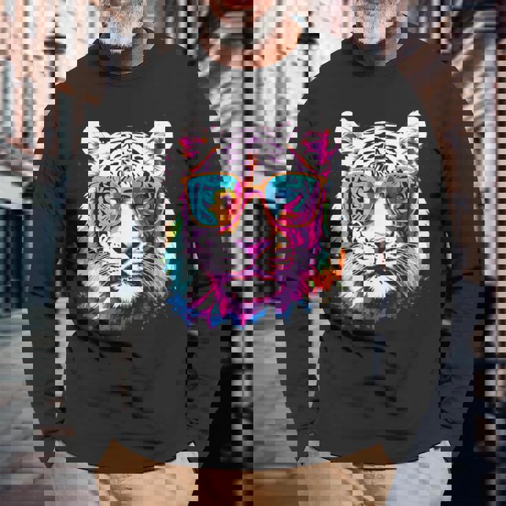 ホワイトタイガー サングラス カラフル アート 動物 虎 長袖Tシャツ 高齢者への贈り物