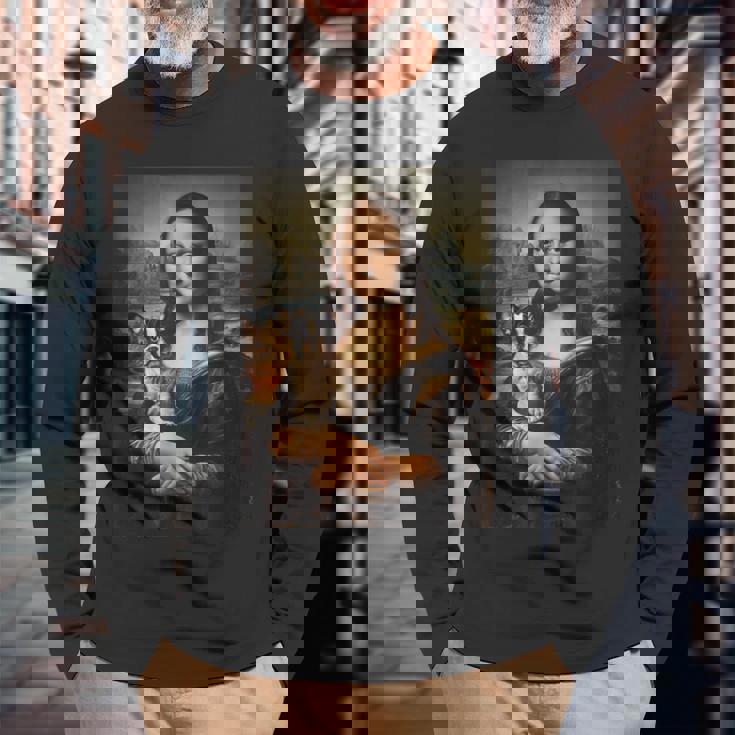 ボストンテリア モナリザ 絵画 アート 犬 ママ お父さん 長袖Tシャツ 高齢者への贈り物