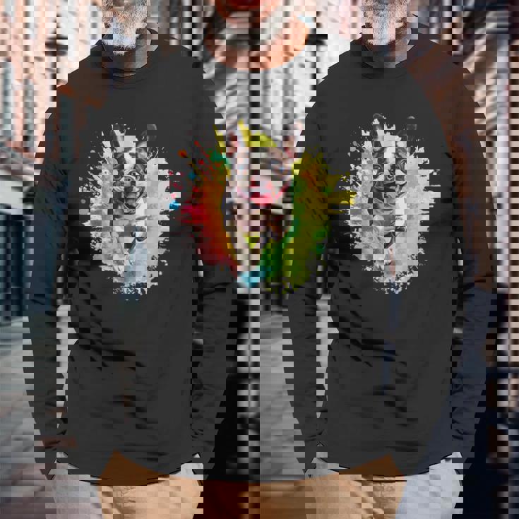 ボストンテリア 恋人 カラフル スプラッシュアート ボストンテリア 長袖Tシャツ 高齢者への贈り物