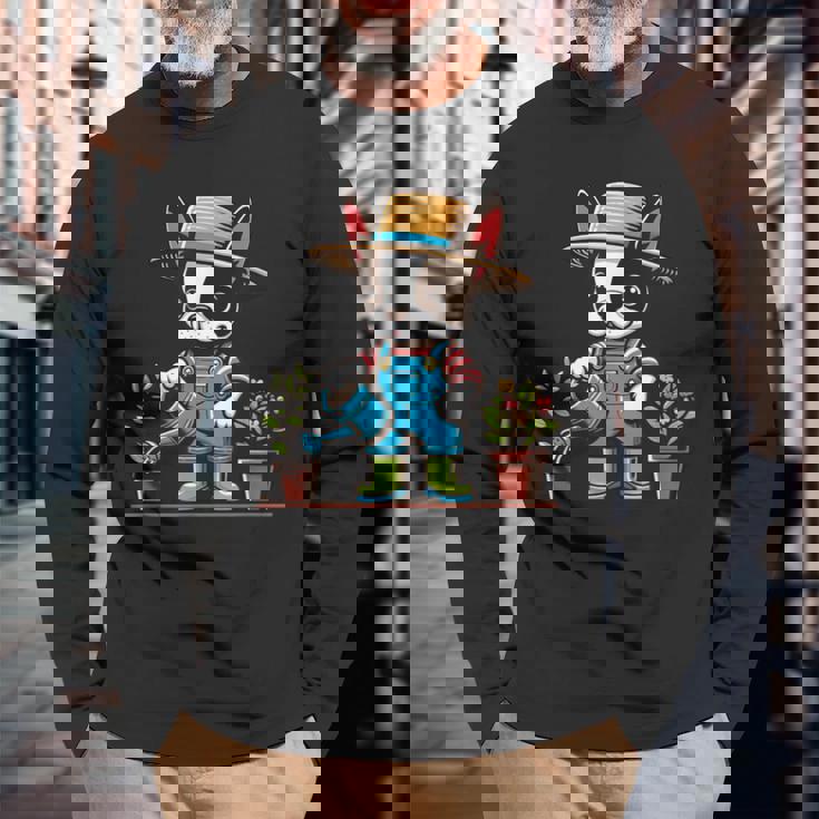 ボストンテリア 水やり 植物 ガーデニング 犬好き 長袖Tシャツ 高齢者への贈り物