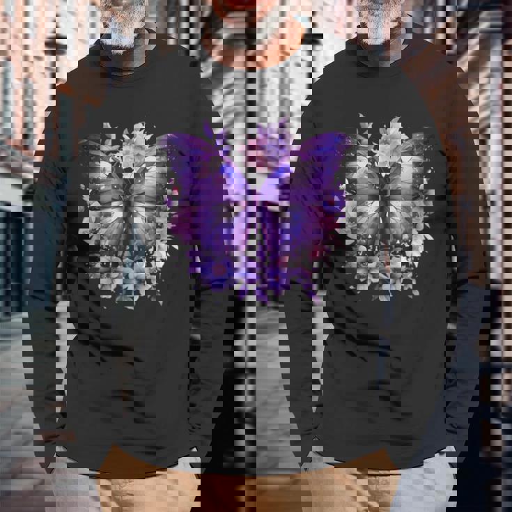 ボヘミアン パープルバタフライ レトロ 魔女の蛾 ヴィンテージ ラベンダー 長袖Tシャツ 高齢者への贈り物