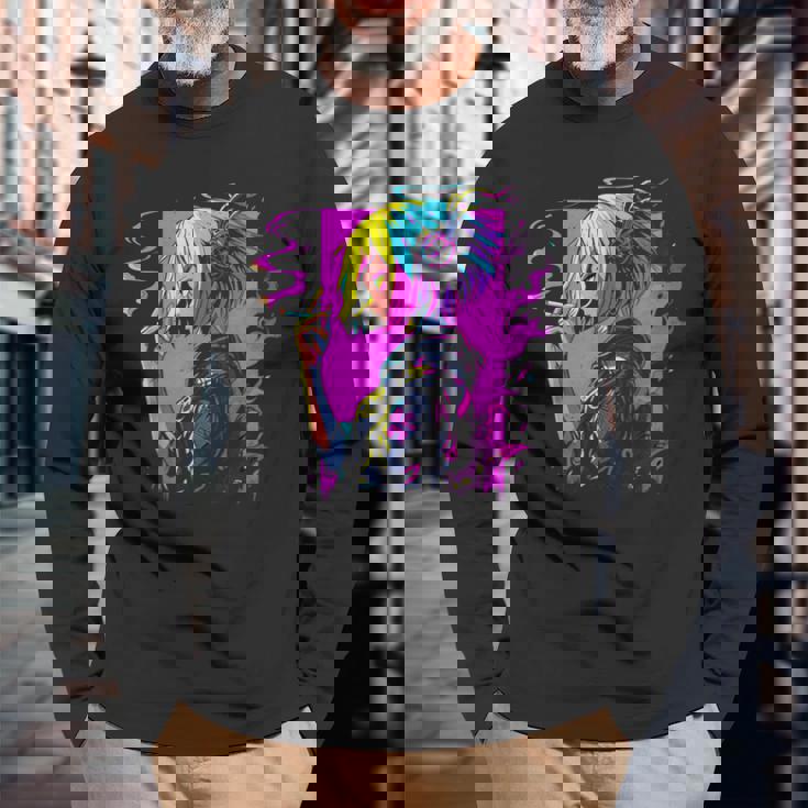 ボヘミアン・ガール、スモーキング・ガールのサイバーパンク・イラストレーション 長袖Tシャツ 高齢者への贈り物