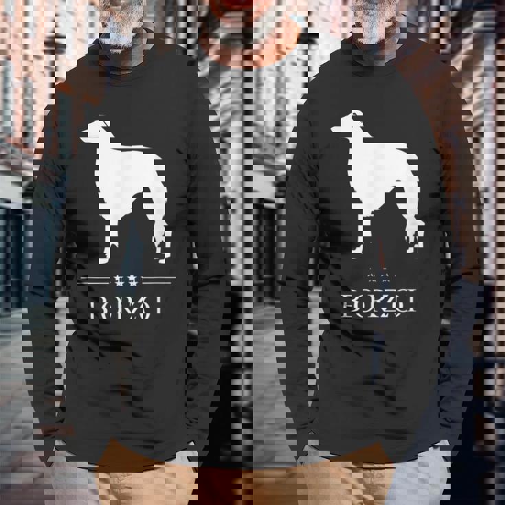 ボルゾイ犬の白いシルエット 長袖Tシャツ 高齢者への贈り物