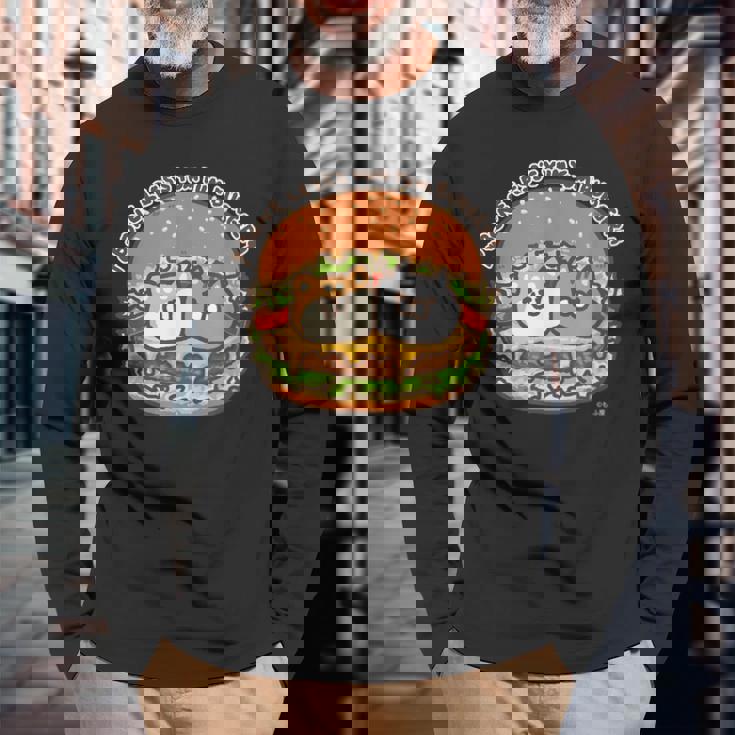 ボンレス犬とボンレス猫 ハンバーガー ダークカラー 長袖Tシャツ 高齢者への贈り物