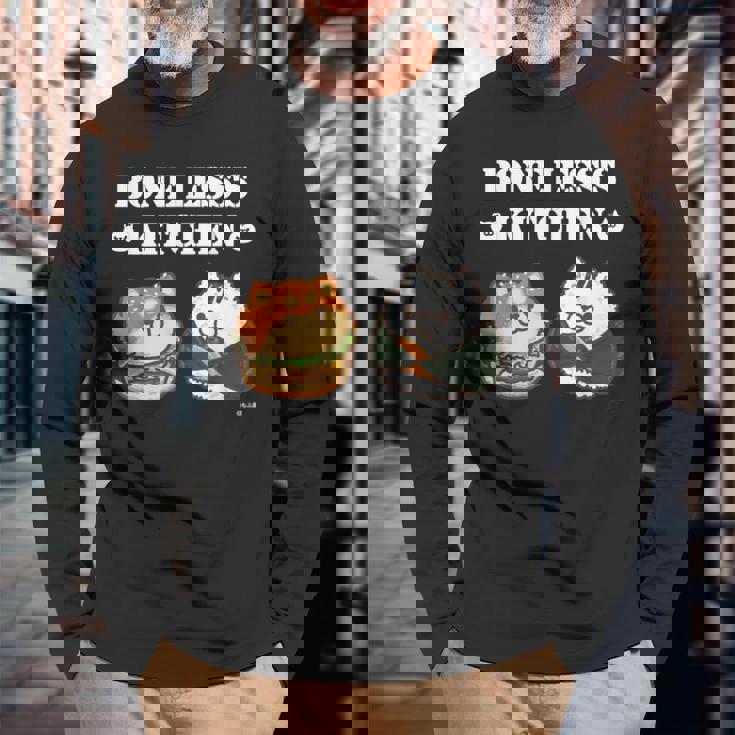 ボンレス犬とボンレス猫 ハンバーガーとおにぎり ダークカラー 長袖Tシャツ 高齢者への贈り物