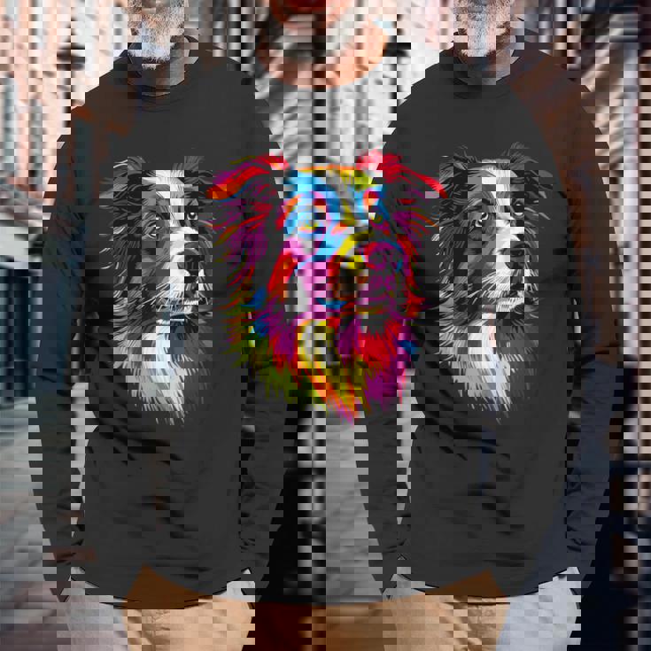 ボーダーコリー ポップアート レインボーカラー カラフル ボーダーコリー 長袖Tシャツ 高齢者への贈り物