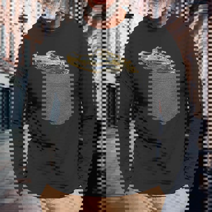 ポケットにワニ 愉快なアニマルデザイン 長袖Tシャツ 高齢者への贈り物