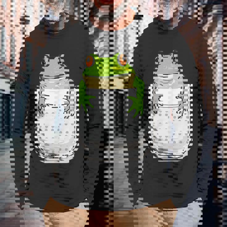 ポケットに入ったカエルのシャツ 面白いカエルのtシャツ カエルの恋人 長袖Tシャツ 高齢者への贈り物