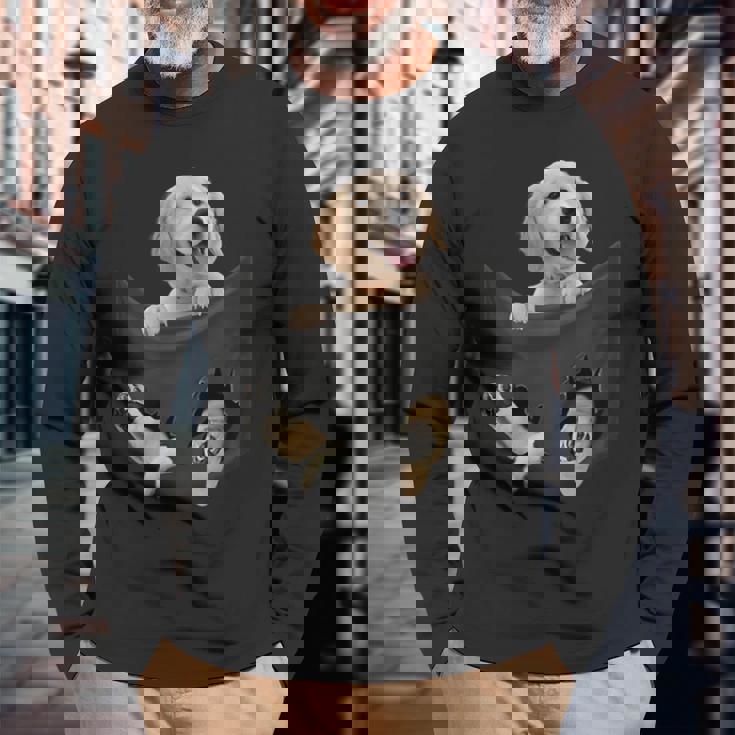 ポケットに入ったゴールデンレトリーバーの犬 ゴールデンパピー のぞき見 長袖Tシャツ 高齢者への贈り物