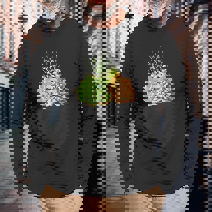 ポケットに入った多肉植物、胸にエケベリアセダム 長袖Tシャツ 高齢者への贈り物