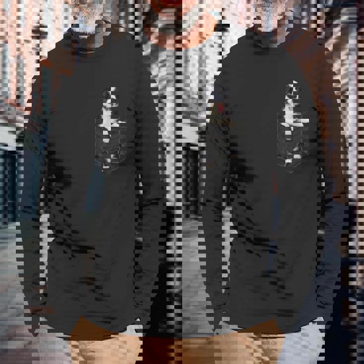 ポケットに入った面白いボーダーコリー ボーダーコリー愛好家に 長袖Tシャツ 高齢者への贈り物