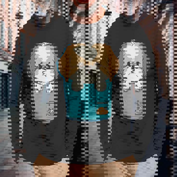 ポケット犬好きにはたまらないシーズー犬 長袖Tシャツ 高齢者への贈り物