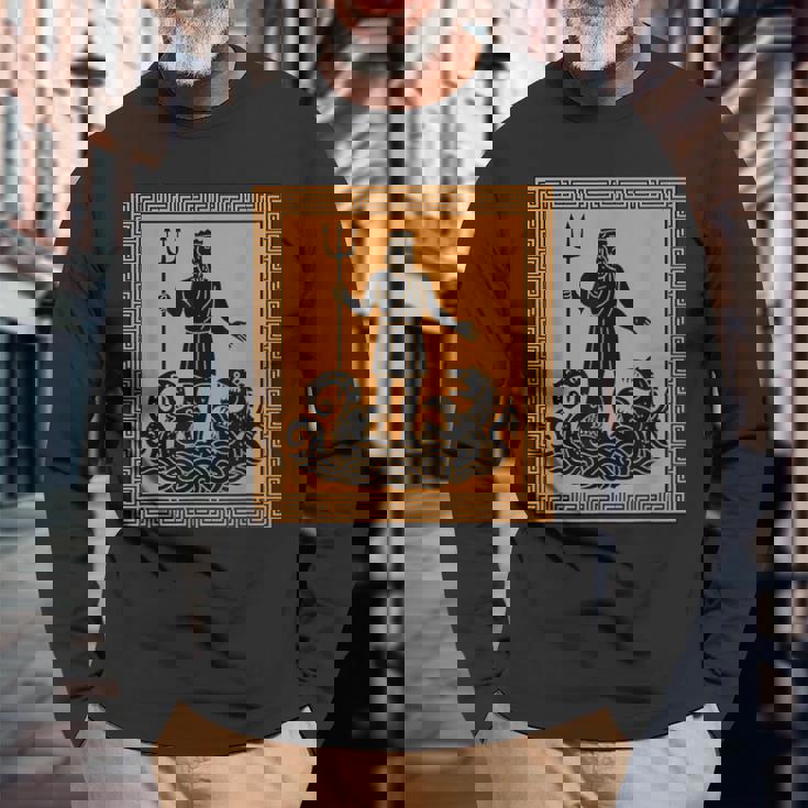 ポセイドン神 トライデント 古代ギリシャ 芸術 神話 ギリシャ神話 長袖Tシャツ 高齢者への贈り物