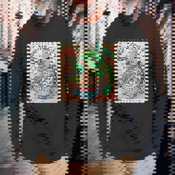 ポップ 和 アート 切手 かわいい 赤ちゃん 亀 ラーメン 長袖Tシャツ 高齢者への贈り物