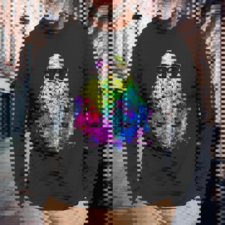 ポップアート アメリカンコッカー スパニエル 犬のポートレート ヘッドフォン付き 長袖Tシャツ 高齢者への贈り物