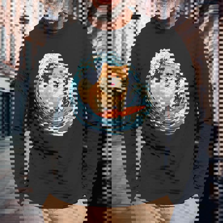 ポメラニアン 面白いtシャツ 犬 イヌ サーフィン 夏 かわいい メンズ 子供 おもしろ 服 グッズ ネタ 長袖Tシャツ 高齢者への贈り物