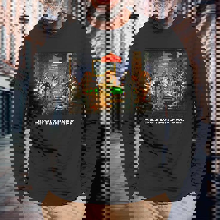 ポーカーをする犬 クラシックアートワーク アートワーク 犬 子犬 長袖Tシャツ 高齢者への贈り物