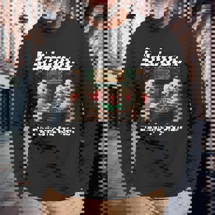 ポーカーをする犬 ビション・フリーゼ ビション・フリーゼの犬種 長袖Tシャツ 高齢者への贈り物