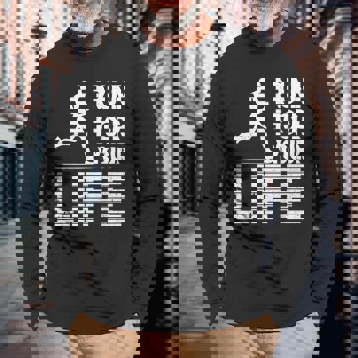 マラソンランナー Run For Your Life ランニング 長袖Tシャツ 高齢者への贈り物