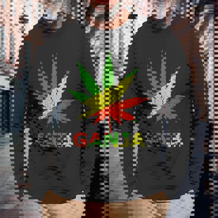 マリファナのガンジャ雑草の葉 ラスタカラー 長袖Tシャツ 高齢者への贈り物