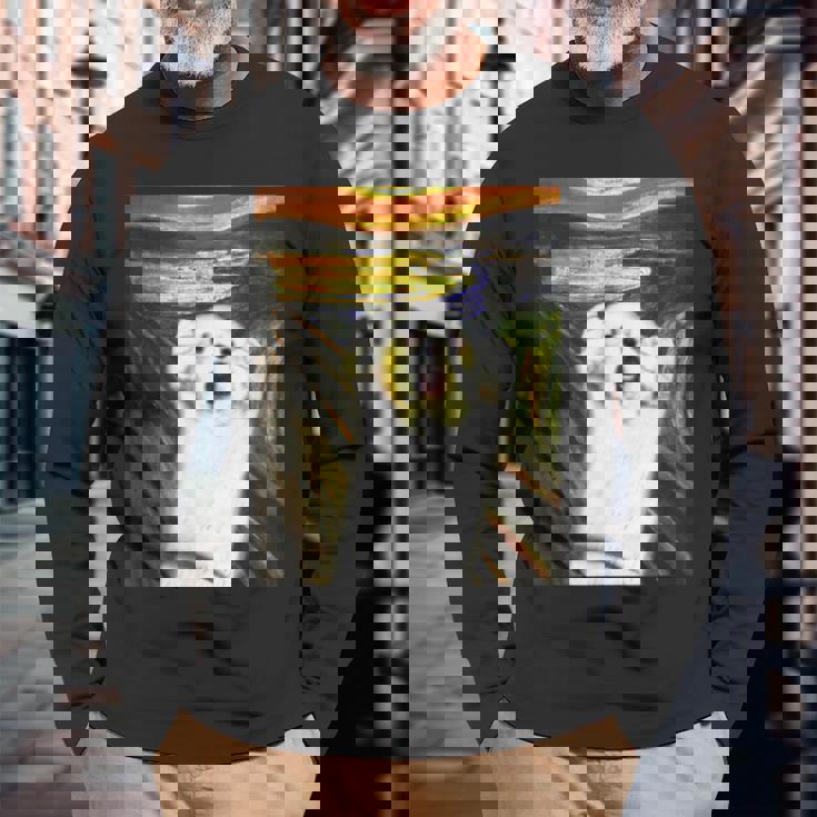 マルチーズ 面白いtシャツ 犬 ムンクの叫び かわいい メンズ 子供 おもしろ 服 グッズ ネタ わんこ 長袖Tシャツ 高齢者への贈り物