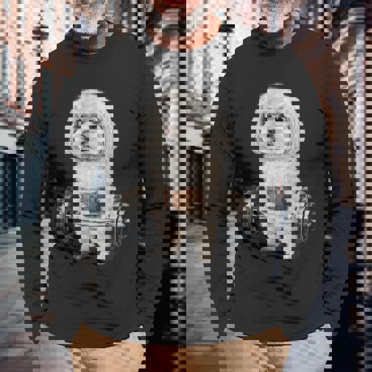 マルチーズドッグ筋トレ バーベルシュラッグバー フィットネス 長袖Tシャツ 高齢者への贈り物